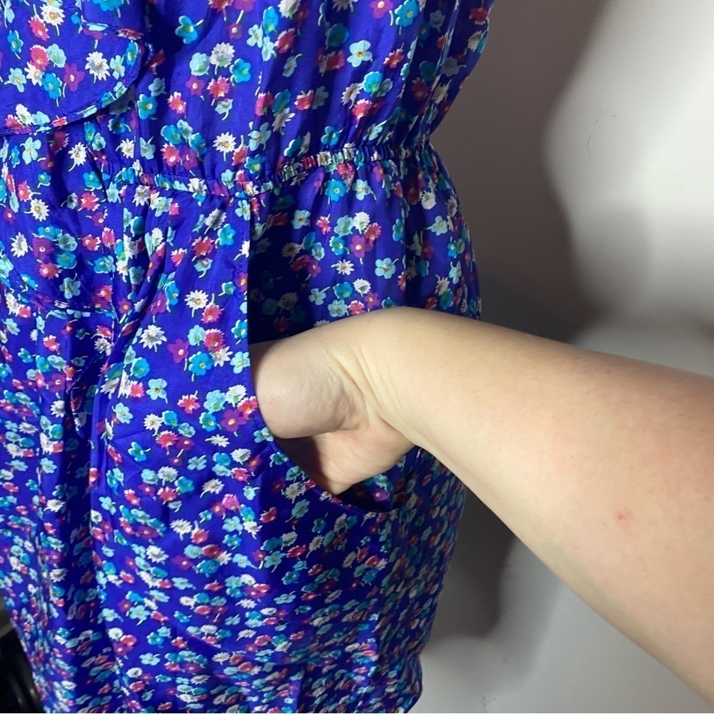 REBECCA Taylor 100% Silk Mini Ruffle Dress With Pockets | Blue Multi - Picture 3 of 7